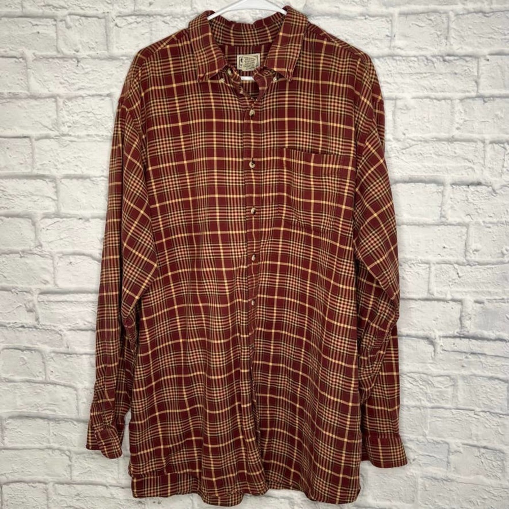 VTG L.L Bean Maroon Rust Tan Plaid Cotton Long Sleeve Button Down Shirt XL Tall